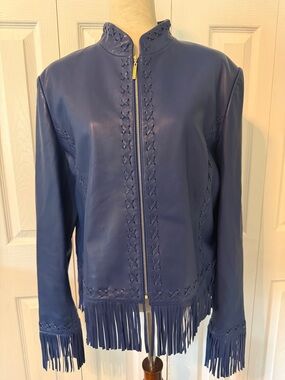 St John Sport by Marie Gray Fringed Blue Leather Jacket Sz L